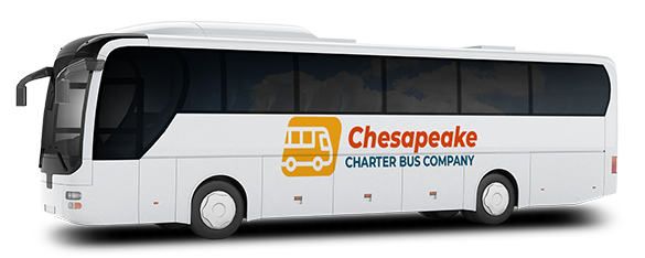 a plain white charter bus with a chesapeake charter bus logo